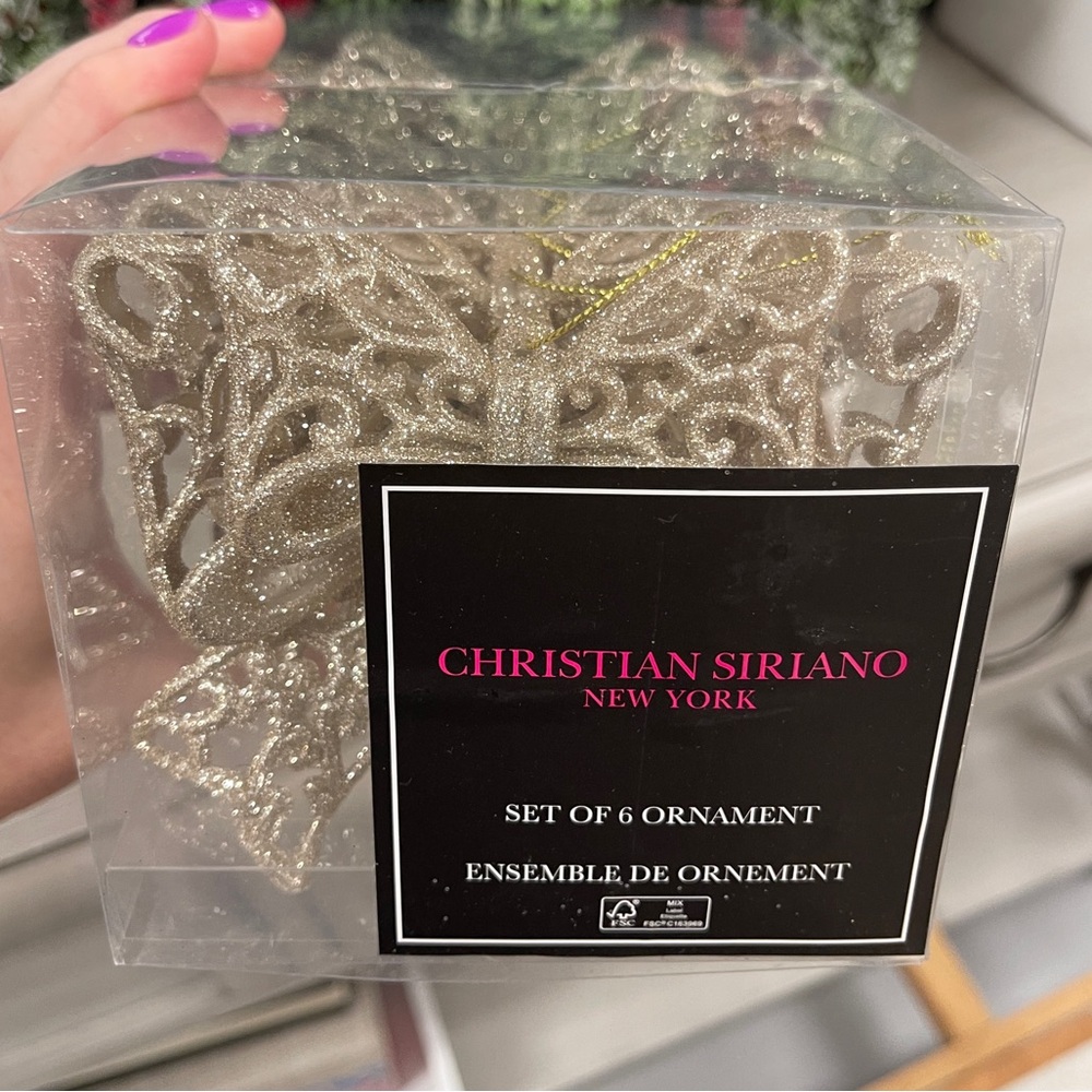 Christian Siriano Gold Glitter Ribbon Bow Christmas Tree Ornaments Set of 6 NWT